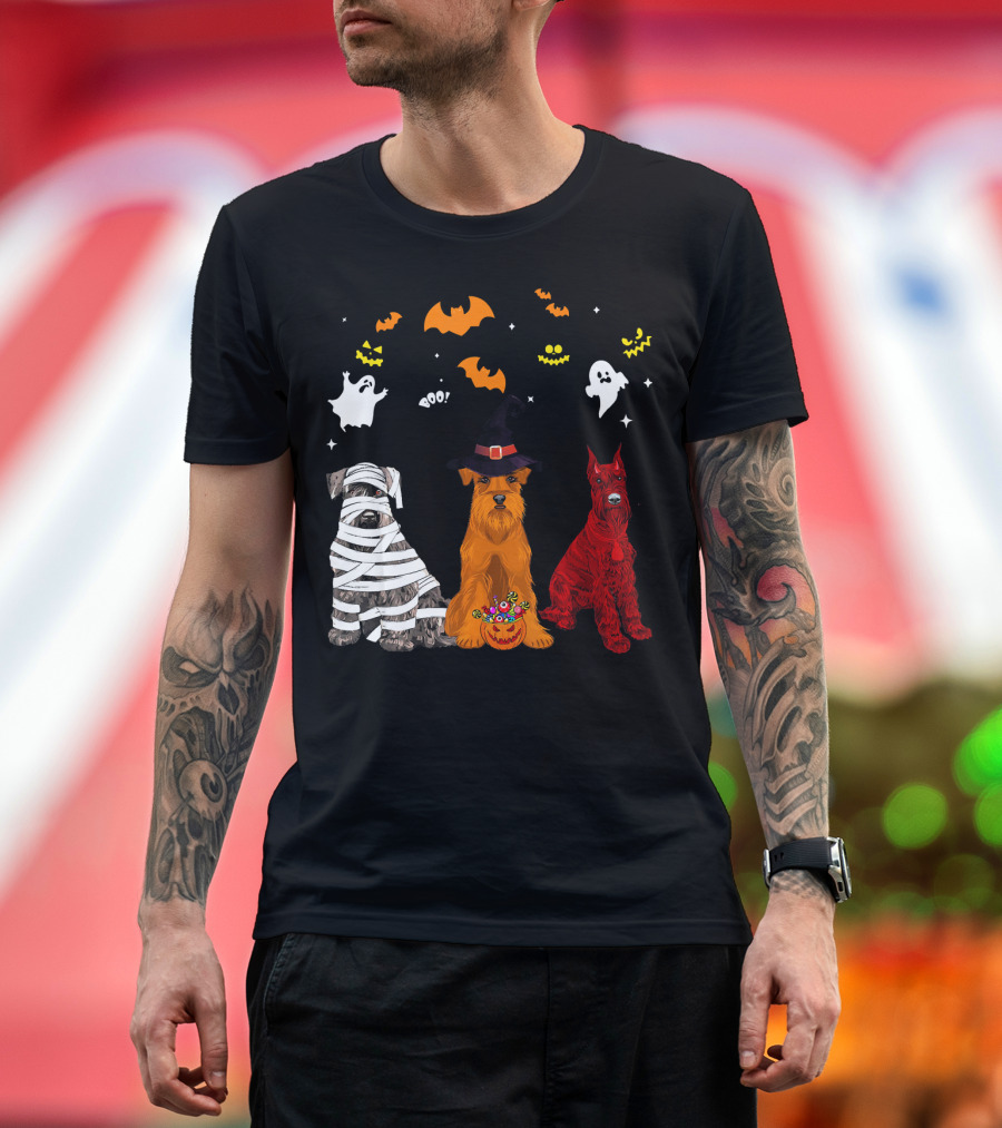 Halloween Schnauzer Dogs Lovers Mummy Witch Ghosts Bats T-Shirt