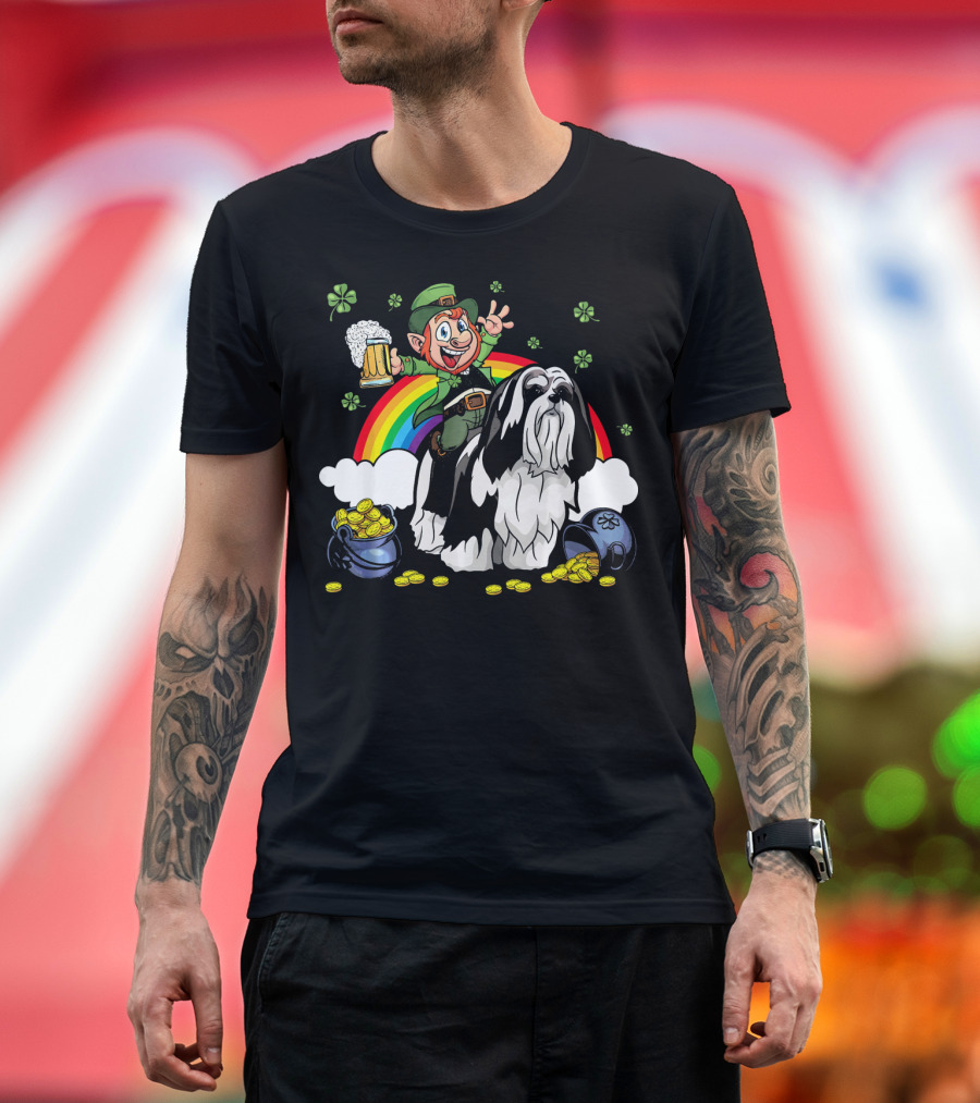 Leprechaun on Lhasa Apso with Shamrocks, Rainbow, and Gold Coins T-Shirt