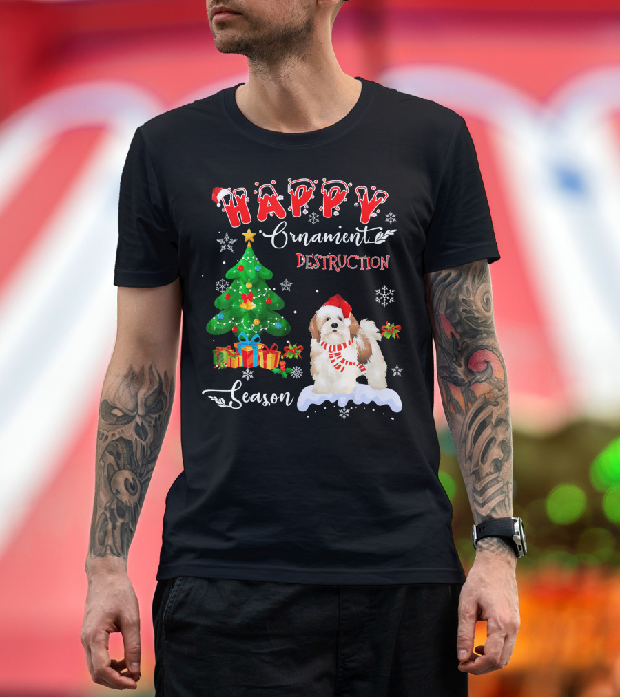 Happy Ornament Destruction Season Lhasa Apso Dog Christmas Tree T-Shirt