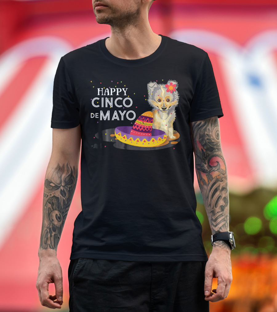 Happy Cinco De Mayo Funny Shelti Dog with Sombrero and Flower T-Shirt