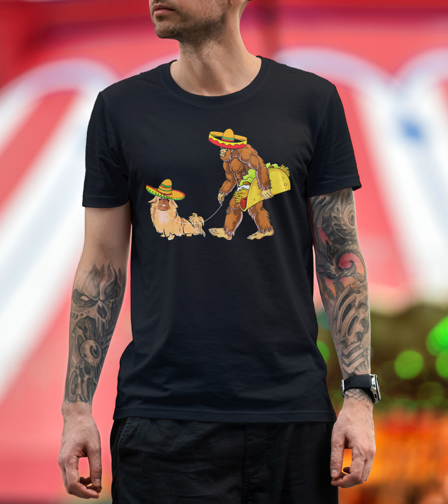 Cinco De Mayo Bigfoot Taco Costume with Pekingese in Sombrero T-Shirt