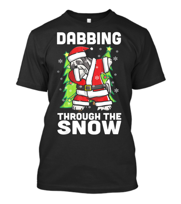 Dabbing Through The Snow Lhasa Apso In Santa Costume With Christmas Trees And Snowflakes T-Shirt