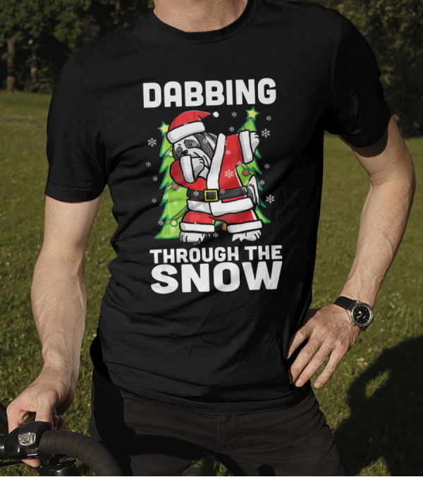 Dabbing Through The Snow Lhasa Apso In Santa Costume With Christmas Trees And Snowflakes T-Shirt