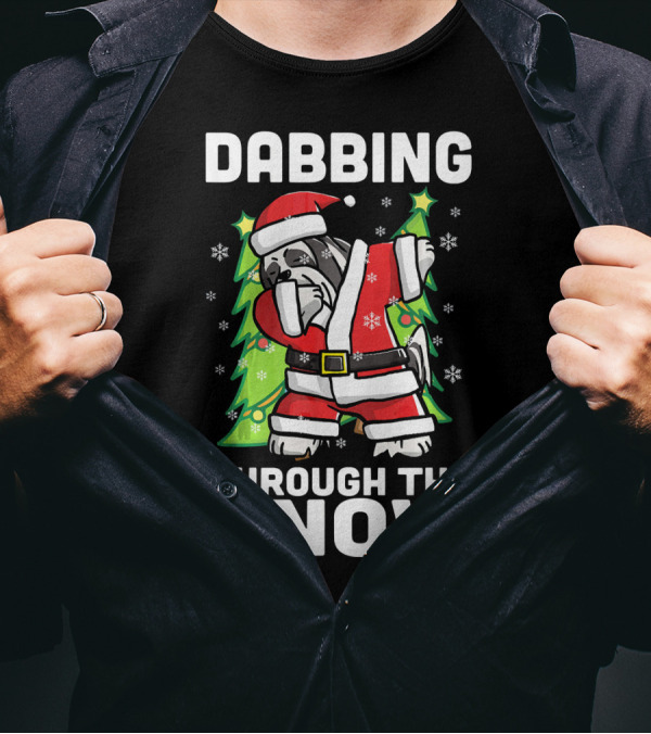 Dabbing Through The Snow Lhasa Apso In Santa Costume With Christmas Trees And Snowflakes T-Shirt