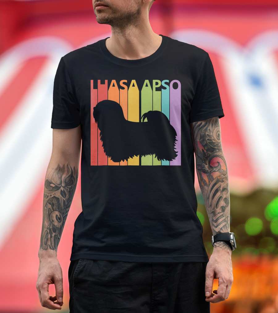 Lhasa Apso Dog Silhouette on Retro Rainbow Background T-Shirt