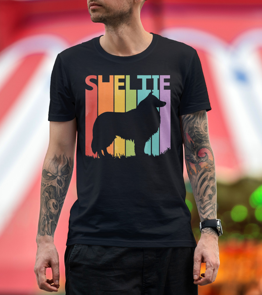 Sheltie Silhouette Retro Rainbow T-Shirt