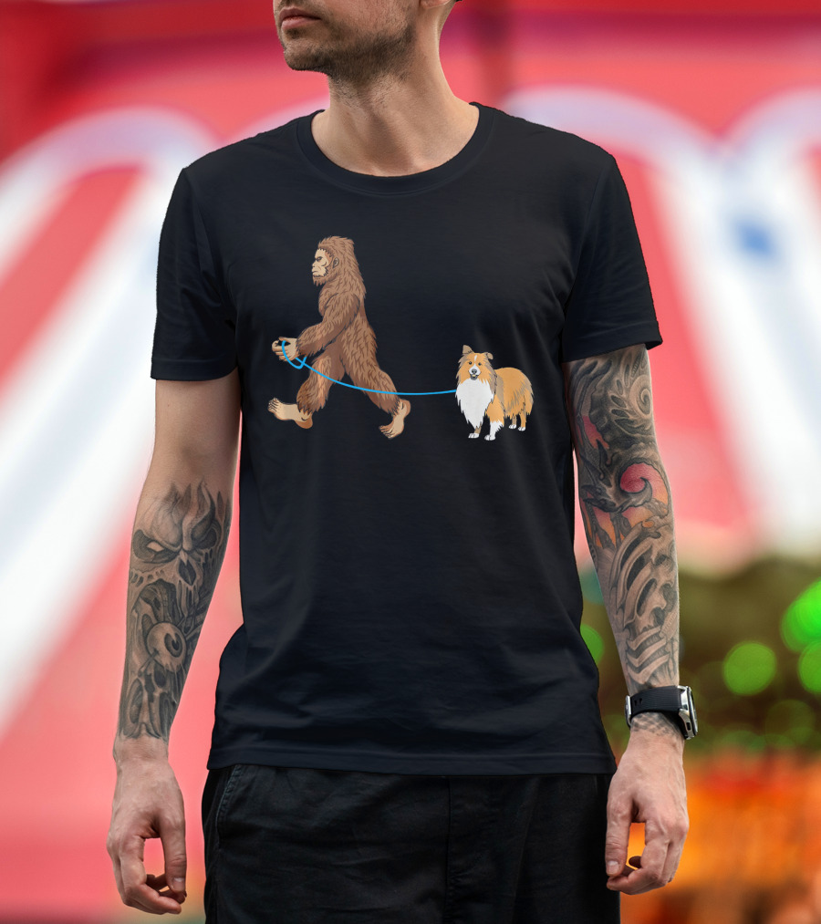 Bigfoot Walking Sheltie Sasquatch Dog Walk T-Shirt