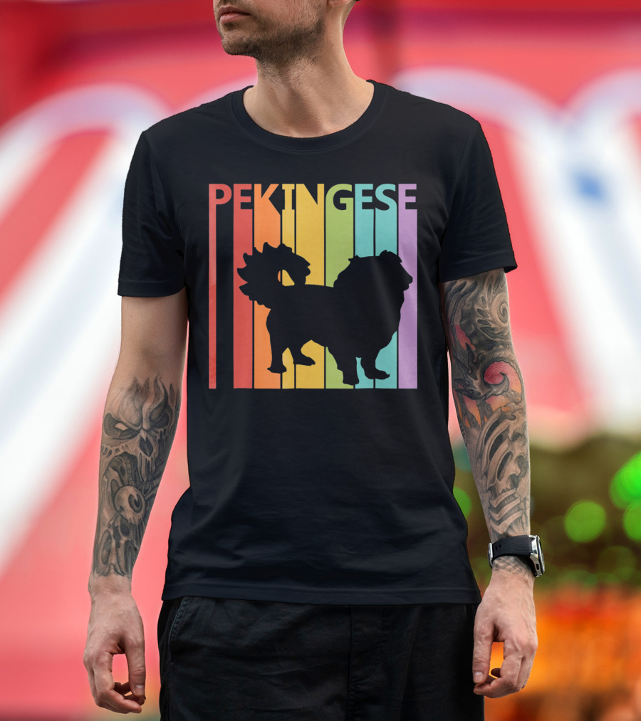 Pekingese Retro Silhouette Rainbow Stripes T-Shirt