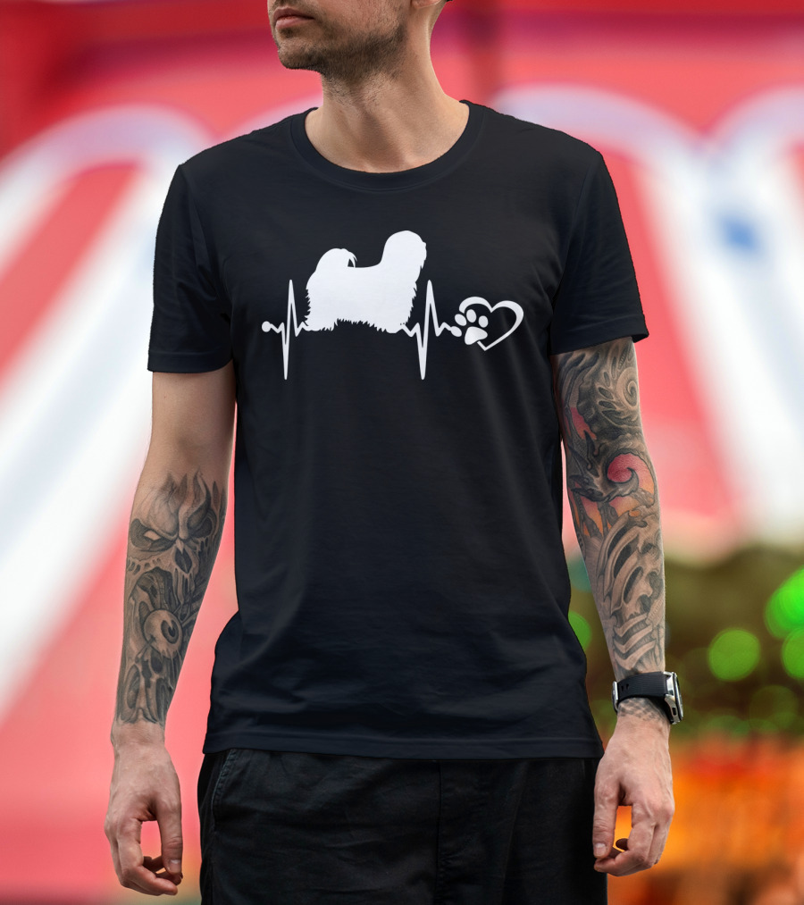 Lhasa Apso Dog Heartbeat Love with Paw Print Heart T-Shirt