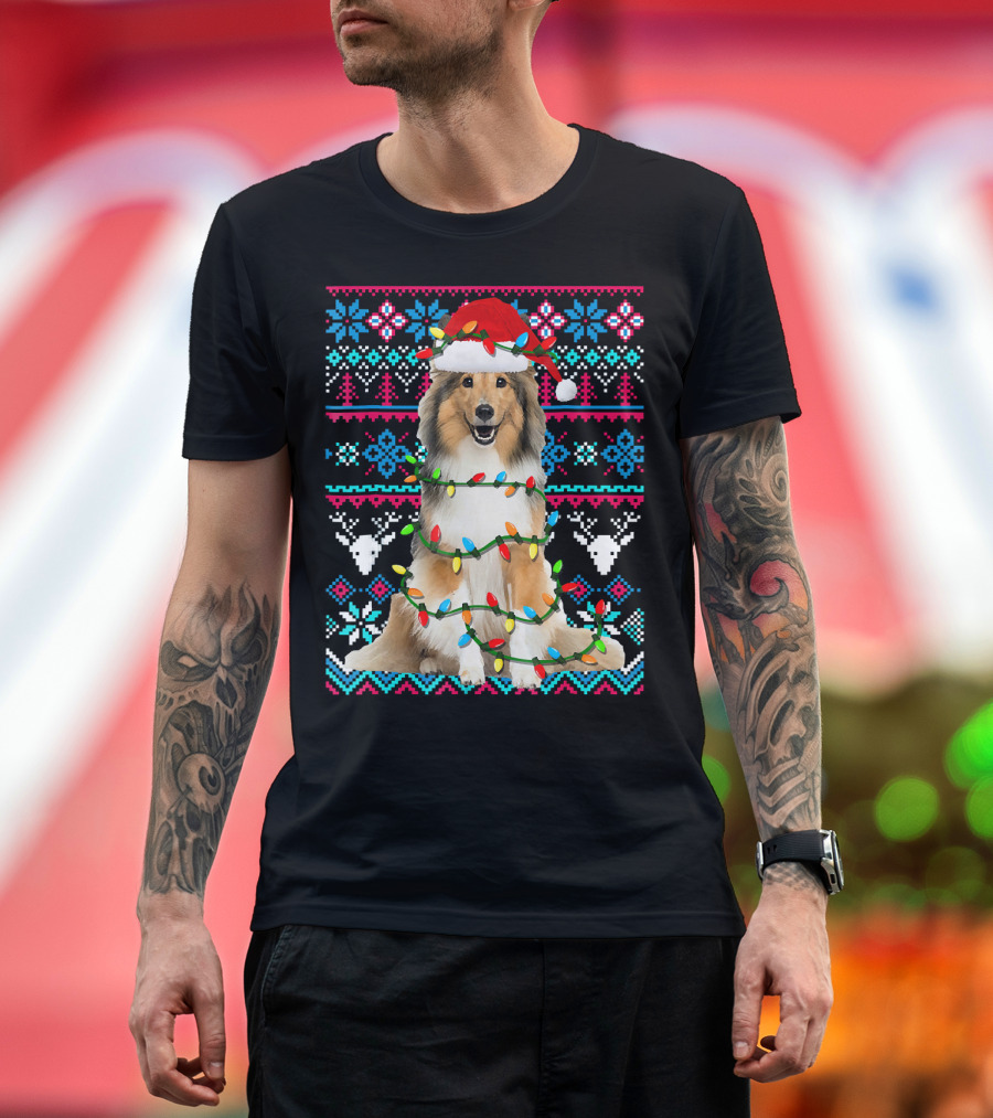 Sheltie Ugly Christmas Funny Hol Santa Lights T-Shirt