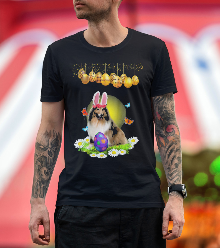 Sheltie Lover Rabbit Ears Egg Easter Butterflies Daisies T-Shirt