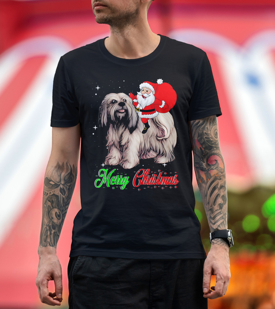 Merry Christmas Santa Riding Lhasa Apso T-Shirt
