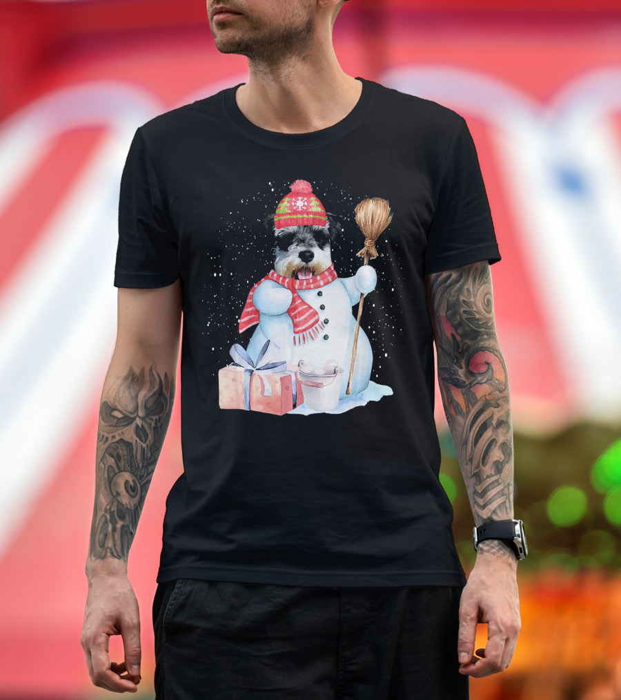Standard Schnauzer Snowman with Gifts in Snow Night T-Shirt
