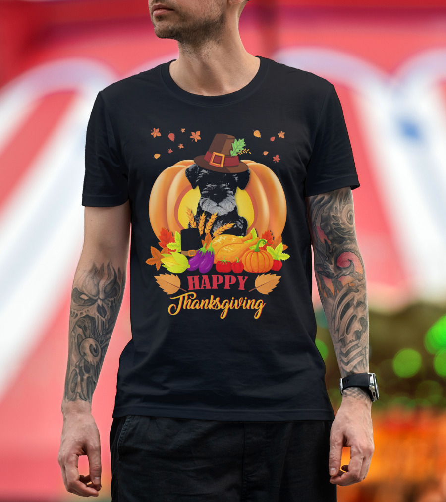 Happy Thanksgiving Miniature Schnauzer Dog with Pumpkins and Autumn Leaves T-Shirt