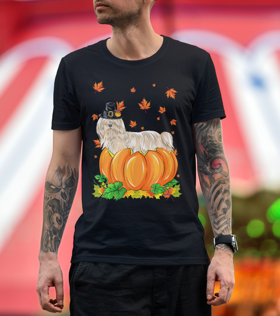 Thanksgiving Lhasa Apso Dog in Pilgrim Hat with Pumpkins and Autumn Leaves T-Shirt