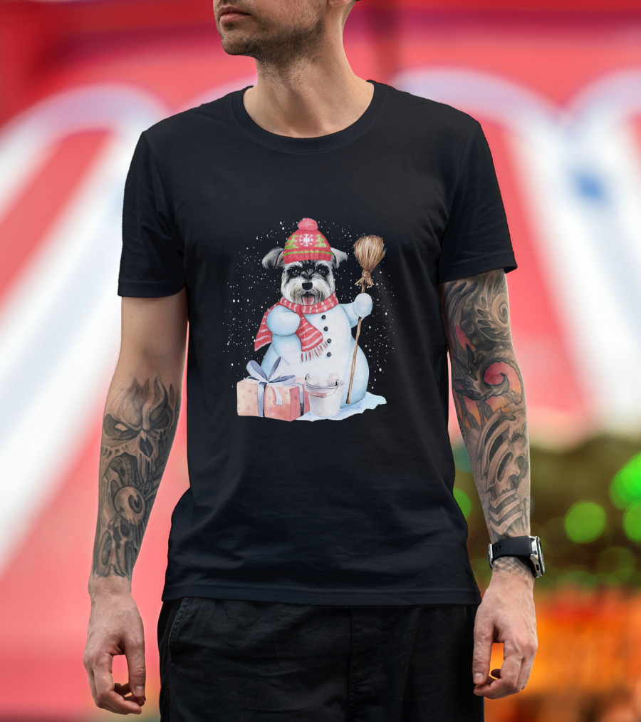 Miniature Schnauzer Snowman Night with Gifts and Broom T-Shirt
