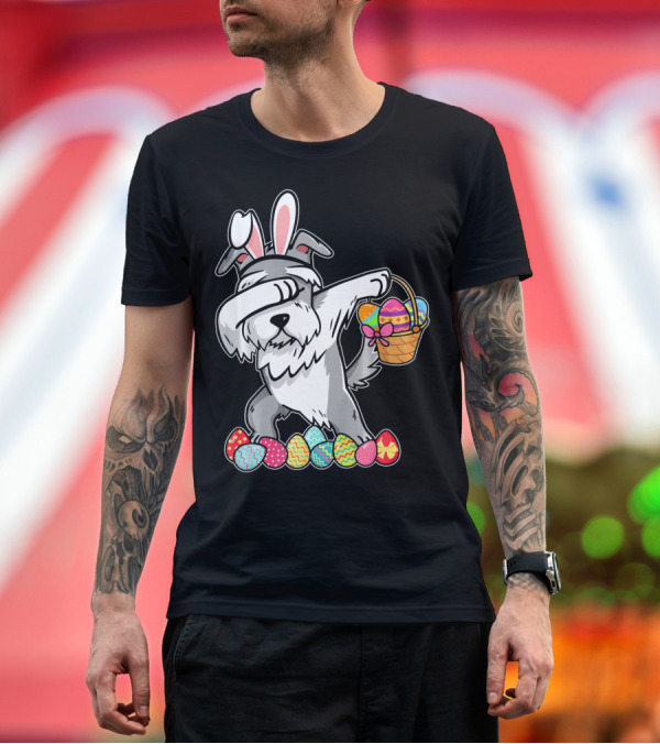 Premium T-Shirt: Miniature Schnauzer Dabbing with Easter Bunny Ears and Egg Basket T-Shirt Miniature Schnauzer Dabbing with Easter Bunny Ears and Egg Basket T-Shirt