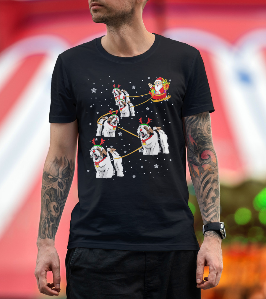 Xmas Lhasa Apso Lover Santa Sleigh Reindeer Dogs Snowflakes T-Shirt