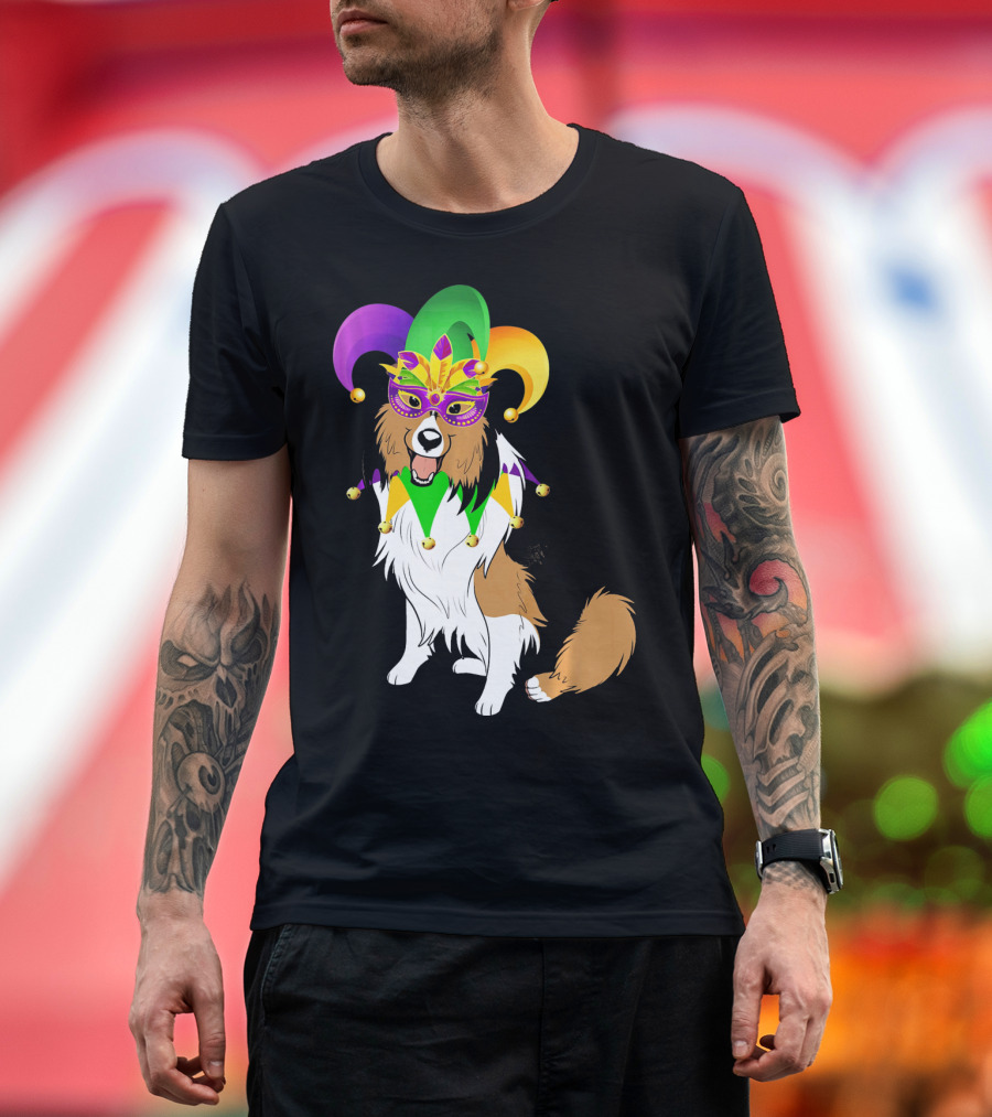Shetland Sheepdog Wearing Mardi Gras Jester Mask and Hat T-Shirt