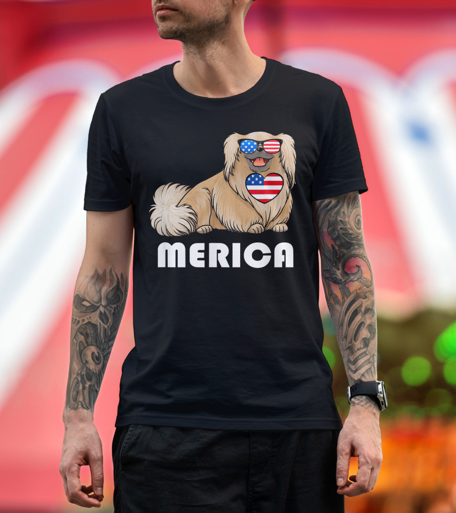 Pekingese American Flag Sunglasses Heart Merica 4th of July T-Shirt