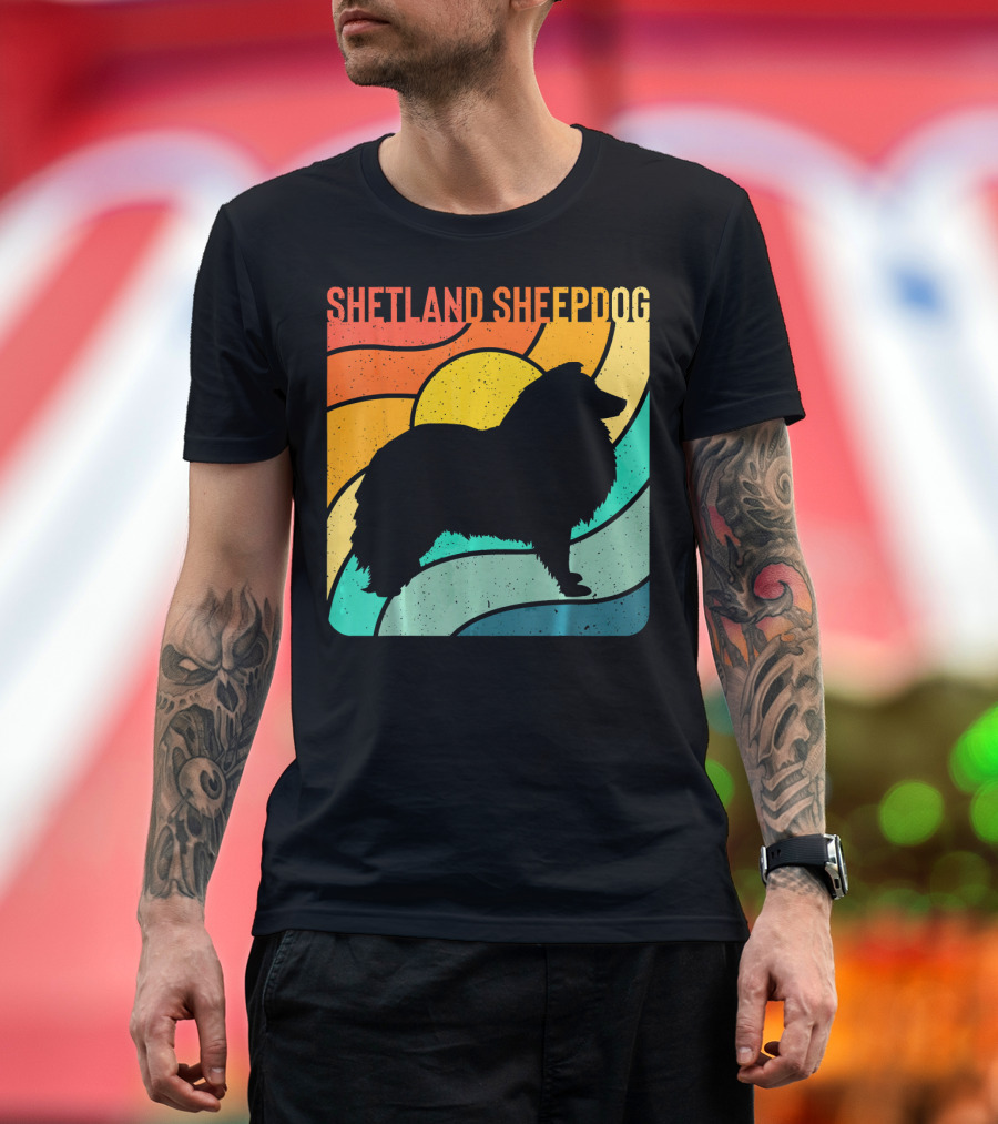 Shetland Sheepdog Silhouette Retro Sunset T-Shirt