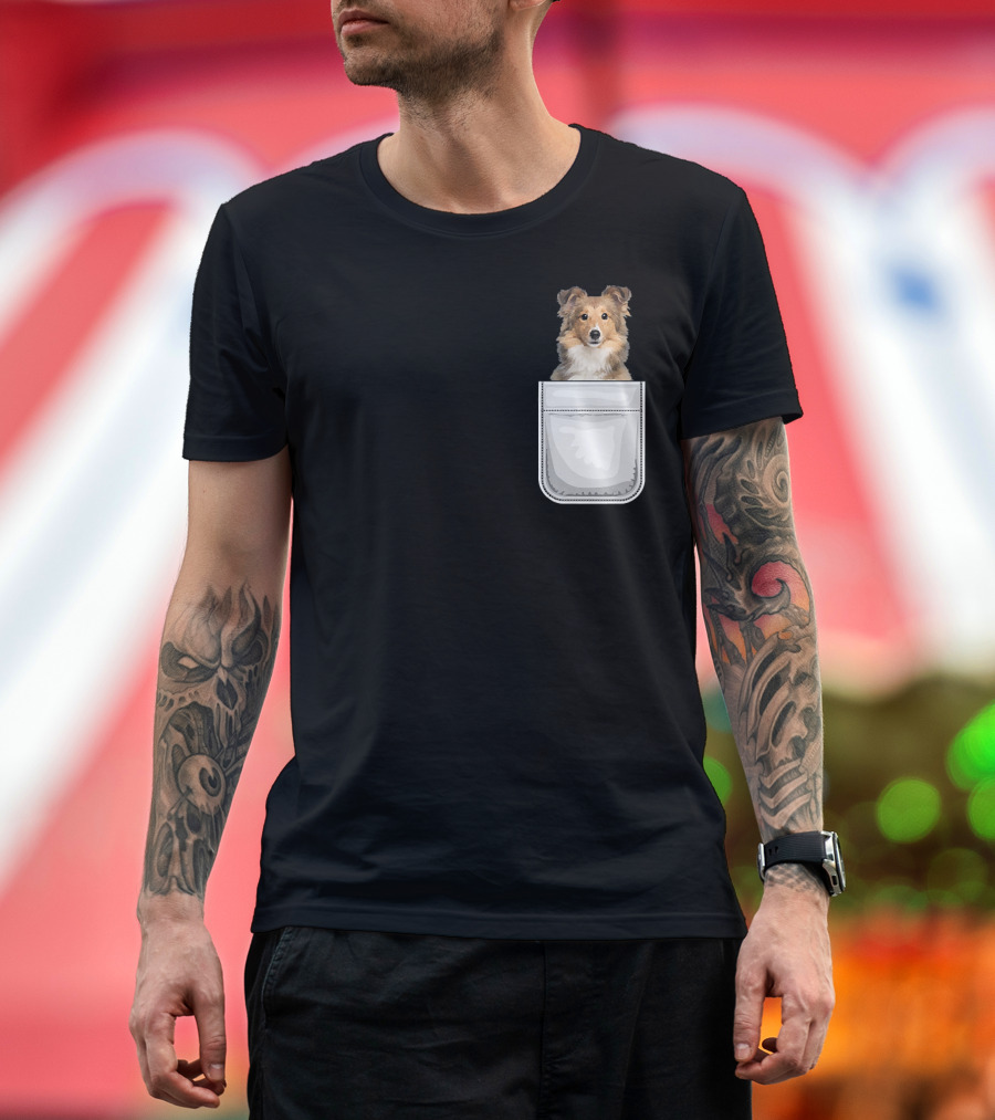 Sheltie Shetland Sheepdog Puppy Dog in Pocket T-Shirt