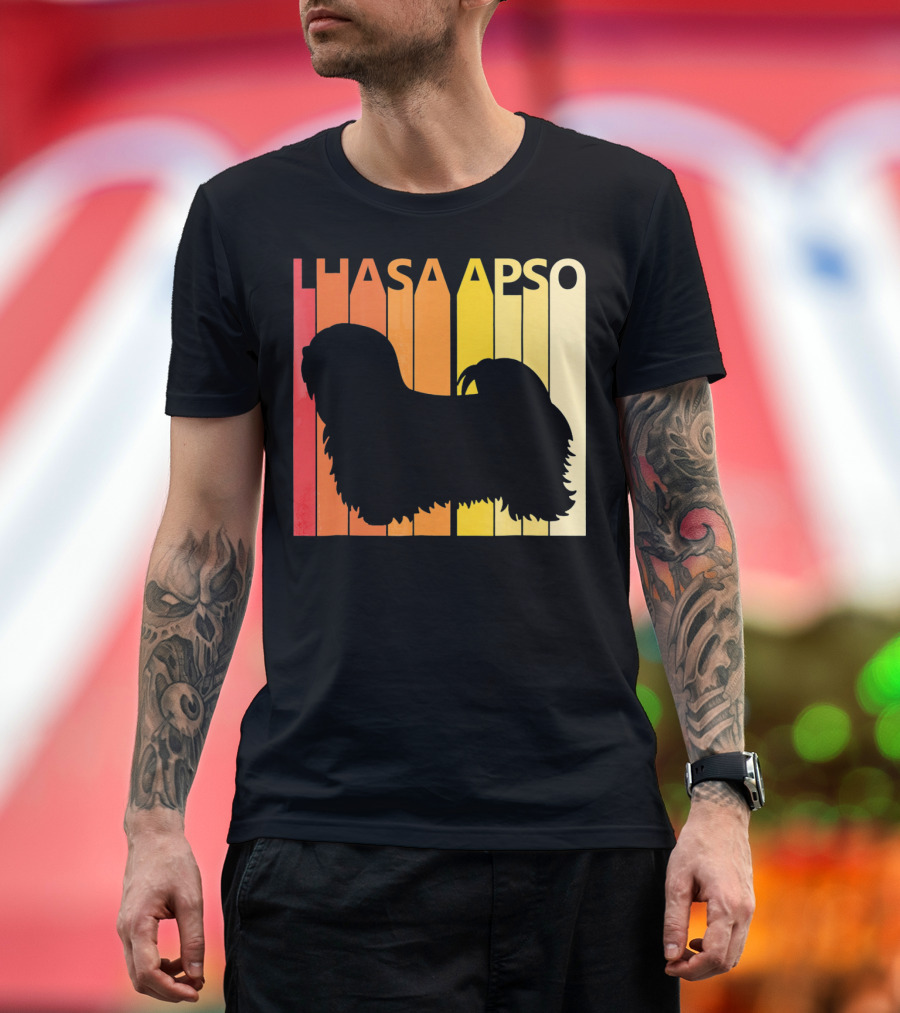 Vintage Lhasa Apso Retro Silhouette Sunset Stripes T-Shirt