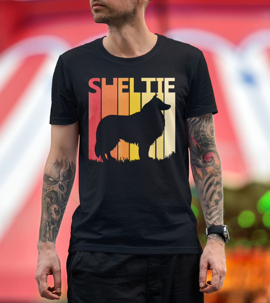 Retro Sheltie Dog Silhouette Vintage Sunset T-Shirt