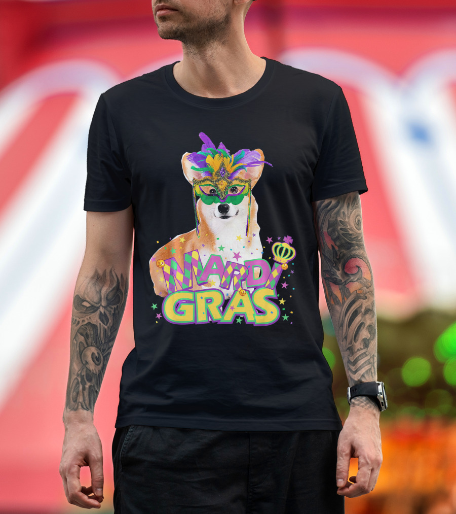 Mardi Gras Pembroke Welsh Corgi with Festive Mask and Crown T-Shirt
