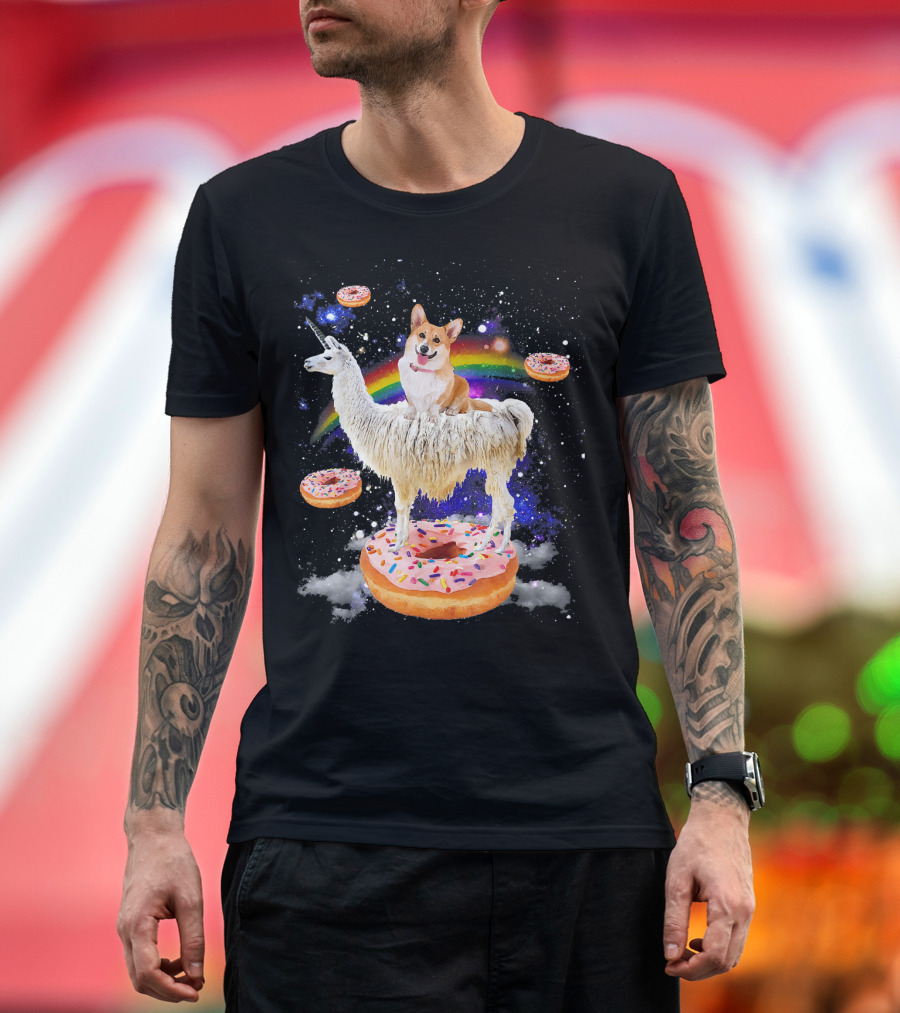 Space Corgi Riding Llama on Donut Galaxy with Rainbow T-Shirt