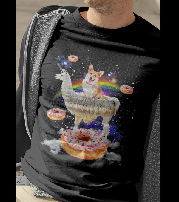 Space Corgi Riding Llama On Donut Galaxy With Rainbow T-Shirt