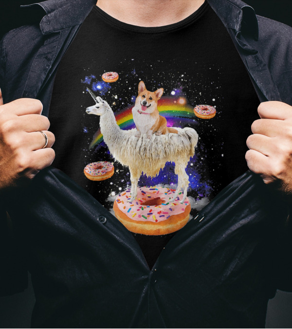 Space Corgi Riding Llama On Donut Galaxy With Rainbow T-Shirt