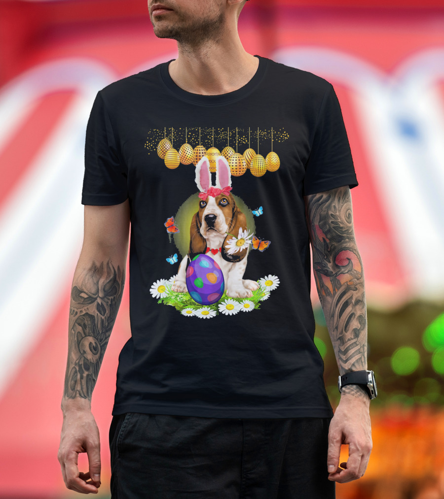 Basset Hound Easter Rabbit Ears with Colorful Egg and Butterflies T-Shirt