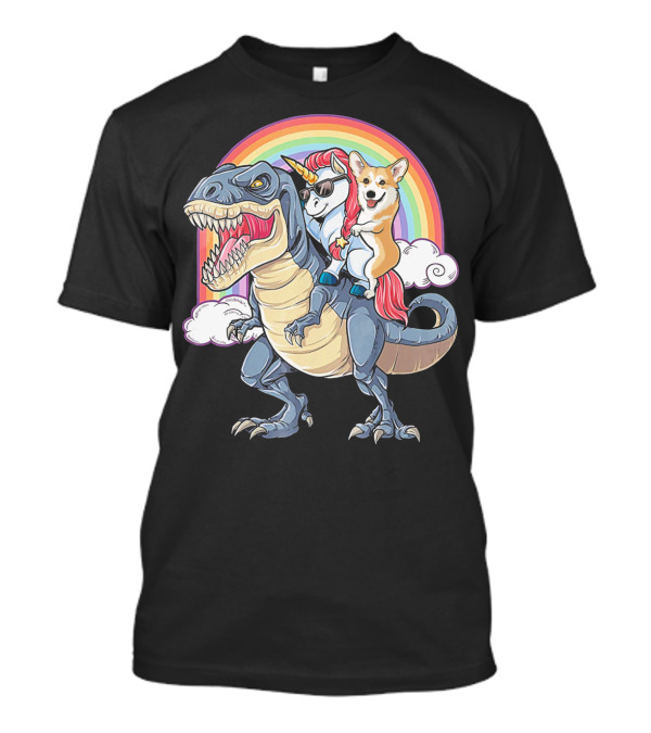 Welsh Corgi And Unicorn Ride Rex Like On Rainbow With Clouds T-Shirt