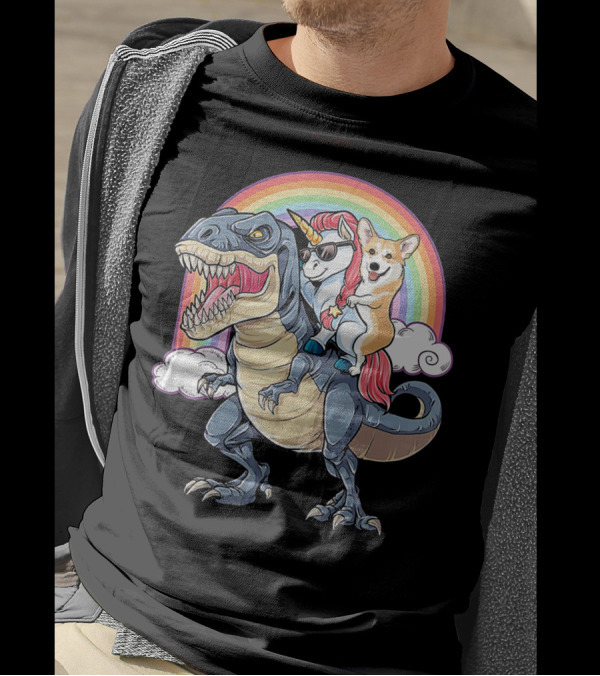 Welsh Corgi And Unicorn Ride Rex Like On Rainbow With Clouds T-Shirt