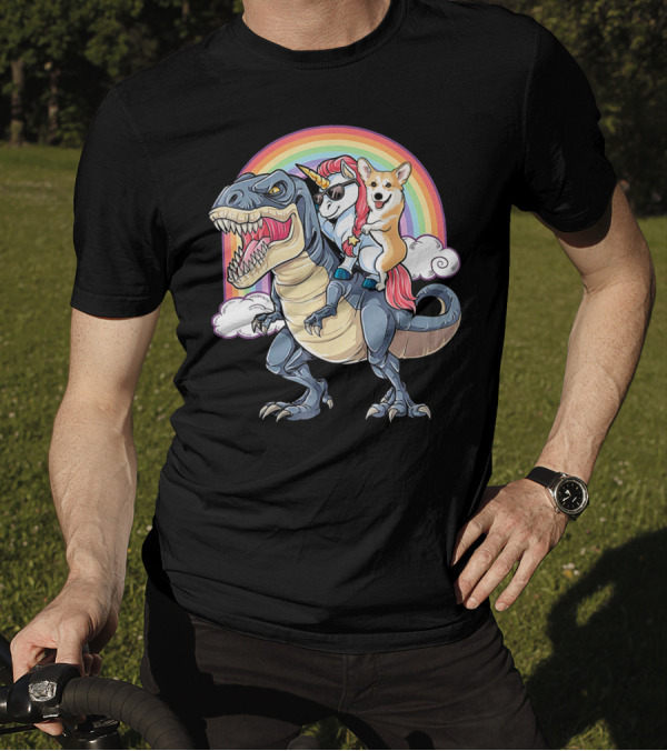Welsh Corgi And Unicorn Ride Rex Like On Rainbow With Clouds T-Shirt