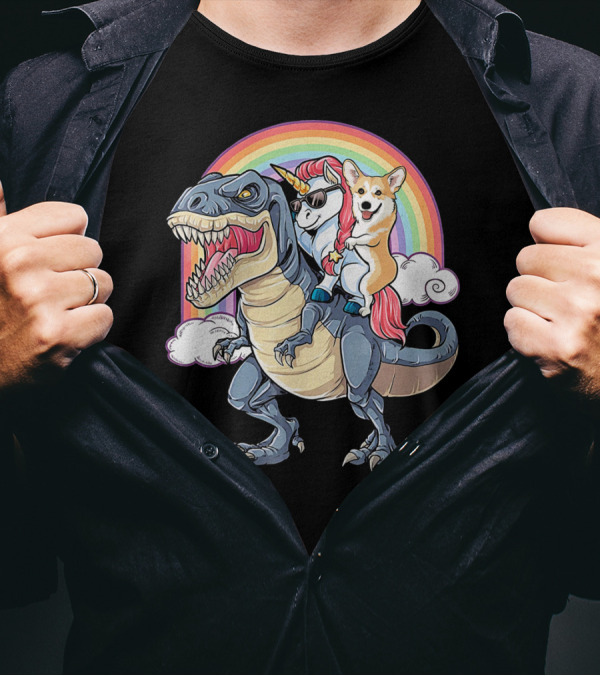 Welsh Corgi And Unicorn Ride Rex Like On Rainbow With Clouds T-Shirt