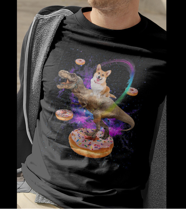 Space Corgi Adventure On Dinosaur Rex With Floating Donuts In Galaxy T-Shirt