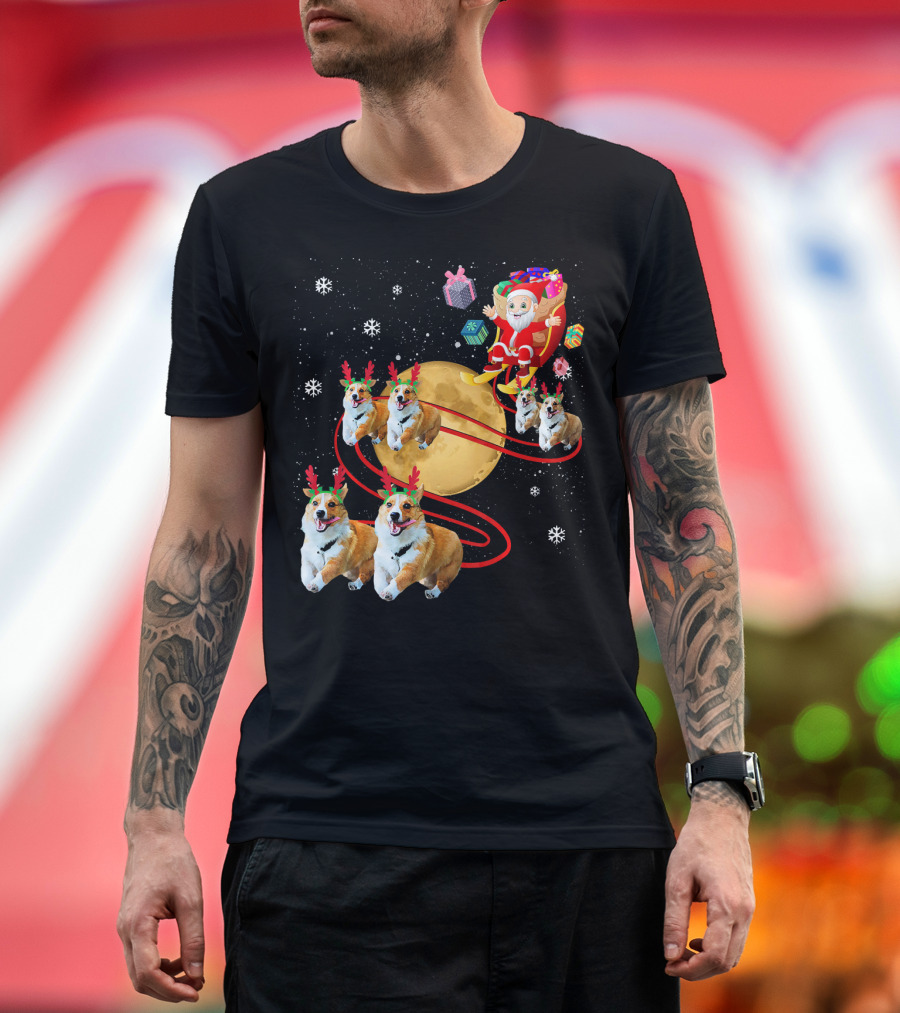 Santa Riding Corgi Reindeer Moon Sleigh Festive Christmas T-Shirt