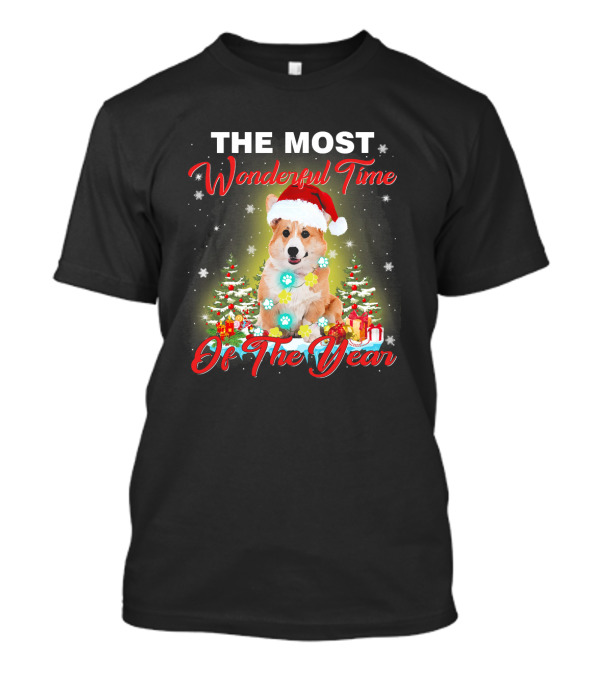 THE MOST WONDERFUL TIME OF THE YEAR CORGI HOLIDAY SANTA HAT LIGHTS CHRISTMAS TREES PRESENTS SNOWFLAKES T-Shirt