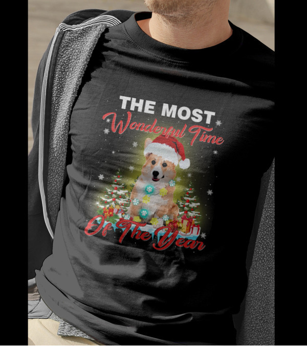 THE MOST WONDERFUL TIME OF THE YEAR CORGI HOLIDAY SANTA HAT LIGHTS CHRISTMAS TREES PRESENTS SNOWFLAKES T-Shirt