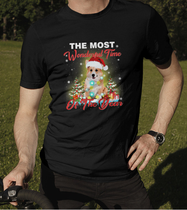 THE MOST WONDERFUL TIME OF THE YEAR CORGI HOLIDAY SANTA HAT LIGHTS CHRISTMAS TREES PRESENTS SNOWFLAKES T-Shirt