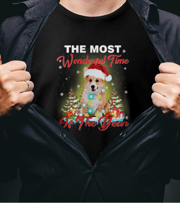 THE MOST WONDERFUL TIME OF THE YEAR CORGI HOLIDAY SANTA HAT LIGHTS CHRISTMAS TREES PRESENTS SNOWFLAKES T-Shirt