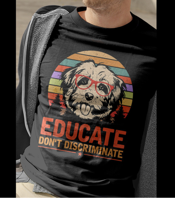 Educate Don't Discriminate Havanese Retro Glasses Dog Vintage Rainbow T-Shirt
