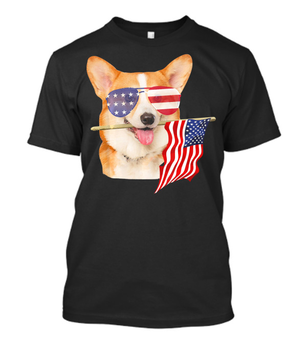 American Flag Sunglasses Corgi Holding Fourth Of July Flag T-Shirt