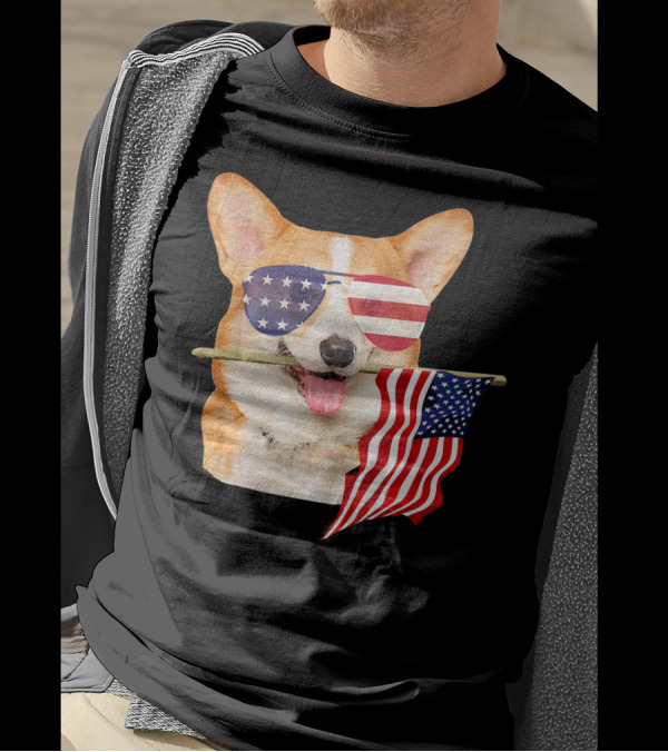American Flag Sunglasses Corgi Holding Fourth Of July Flag T-Shirt