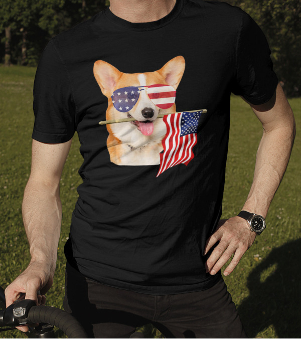 American Flag Sunglasses Corgi Holding Fourth Of July Flag T-Shirt