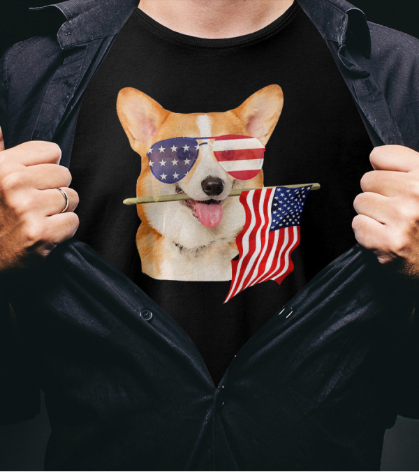 American Flag Sunglasses Corgi Holding Fourth Of July Flag T-Shirt