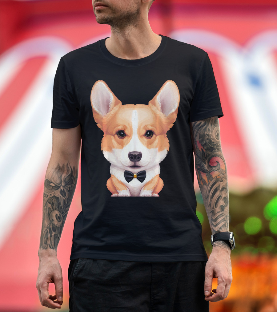 Welsh Corgi With Black Bow Tie Front View T-Shirt