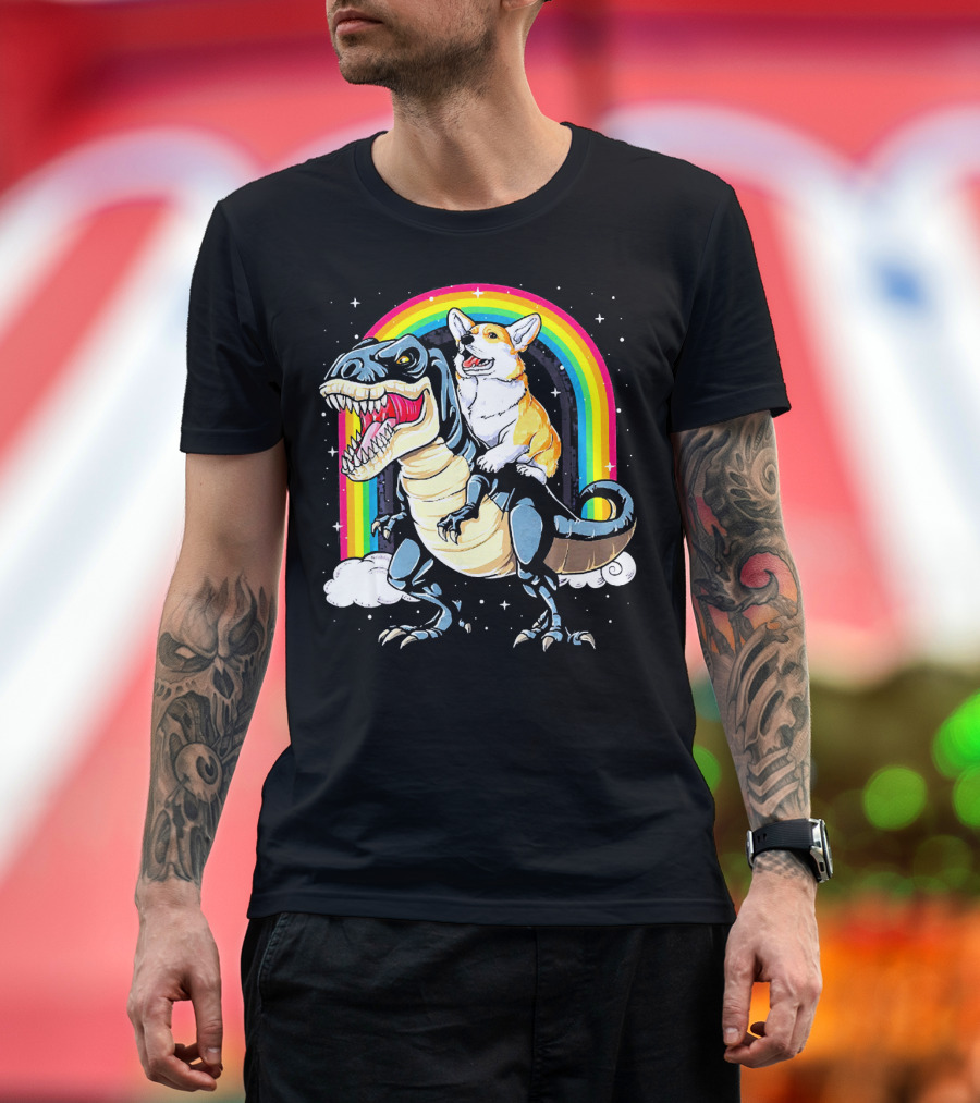 Corgi Riding T-Rex Dinosaur Rainbow Adventure T-Shirt